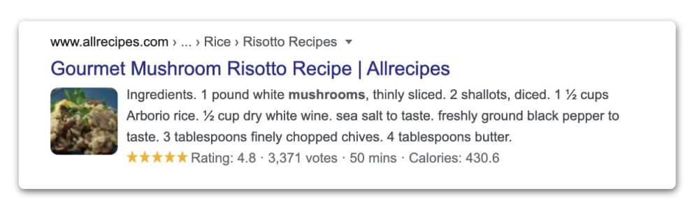 The Recipe Schema Markup shows a snippet of a recipe and its details. 